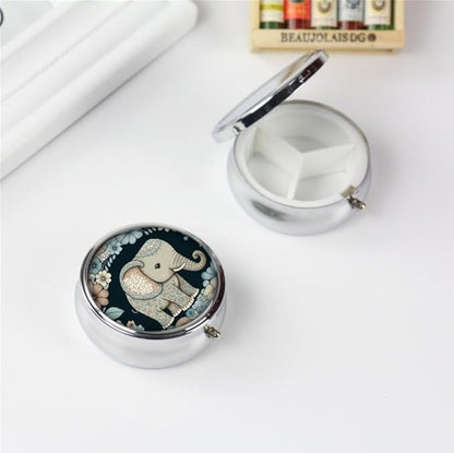 Pill Box,Floral Elephant Round Pill Box 3 Compartment Decorative Pocket Purse Portable Mini Travel Medicine Tablet Vitamin Holder Organizer Pill Case