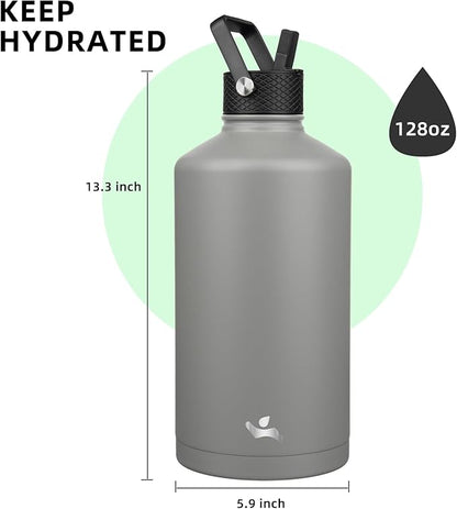 Gallon Insulated Water Bottle with Straw,128 oz 3 Lids Water Jug with Carrying Bag,Paracord Handle, Double Wall Vacuum Stainless Steel Metal Flask,Gray