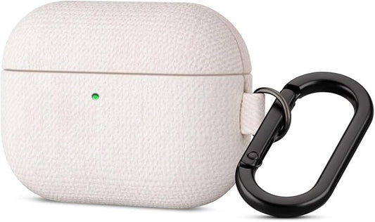 Handmade Case - for AirPods Pro 3 Case Cover with Clip - Selected Skin-Friendly Vegan Leather, Woolen Fabric Cloth Style, Shockproof Hard Cover for AirPods Pro 3rd Generation Earbuds - White