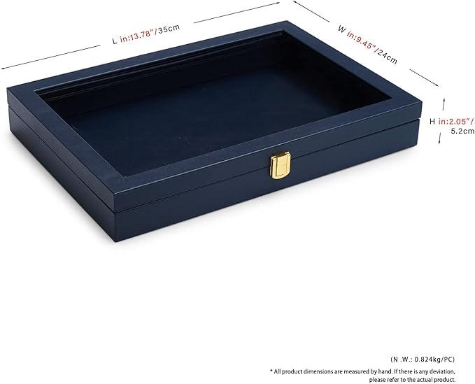 Oirlv Premium Blue Leather Flat Jewelry Tray with Acrylic Lid Jewelry Organizer Case Showcase Big Necklace Display Organizer Box with Locks for Security