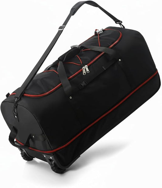 32" Soft-Sided Foldable Wheeled Travel Duffel Bag,Expandable 110L to 140L Rolling Cargo Bag with 2 Wheels and Multiple Pockets1 (Black Red)