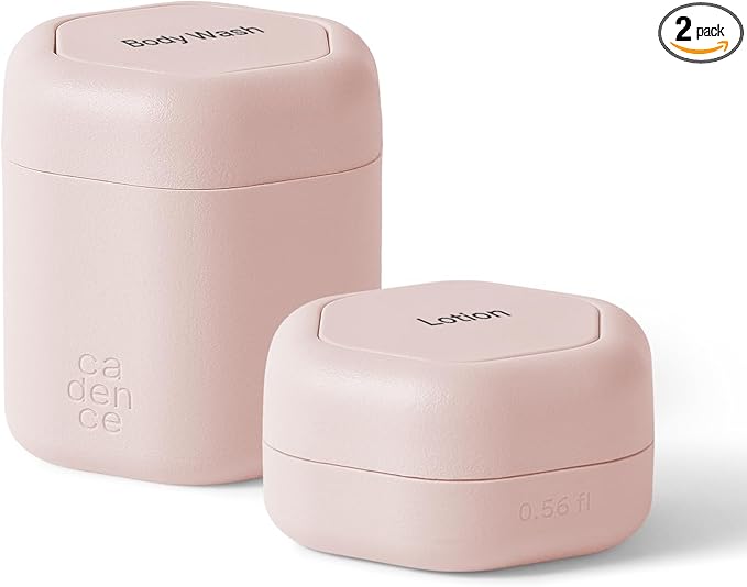 Cadence Travel Containers - 2 Piece Body Care Capsule Set - Magnetic Containers w/Lids - Carry On Travel Essentials for Women/Men - 1 Small & 1 Medium Capsule - Body Wash & Lotion Labels - Petal
