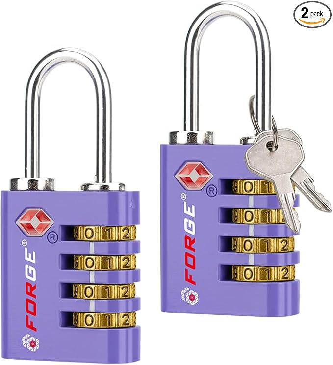 Forge Dual-Opening: Key or Combination Access Lock, TSA Approved Locks for Luggage, Pelican case, Travel, Gym, School, Stainless Steel Shackle. (Purple, 2 Pk)