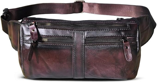 Outdoor Ready Water Resistant Leather Waist Pack for Men Hiking Riding Travel Fanny Bag with Phone Pocket Gifts for Men (Red&Black)