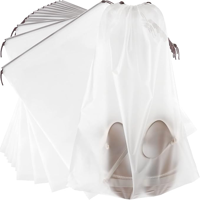 HAKZEON 100 PCS 16x20 Inch Clear Plastic Drawstring Bags, Portable Translucent Shoes Storage Organizers Pouch with Rope, Thickness 2 Mil Travel Bags for Sneakers, Dress Shoes, Slippers, Sandals