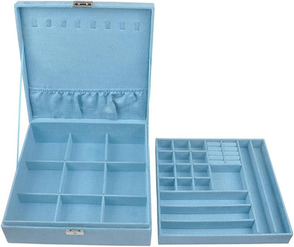 Jewelry Boxes 10 x 10 Inches 2-layer Handle Necklace Holder Organizer Jewellery Women Rings Storage Display Girls Earrings Case Lockable Jewelry Tray Blue GY641 (Blue, 2 Layer (3.34" H))