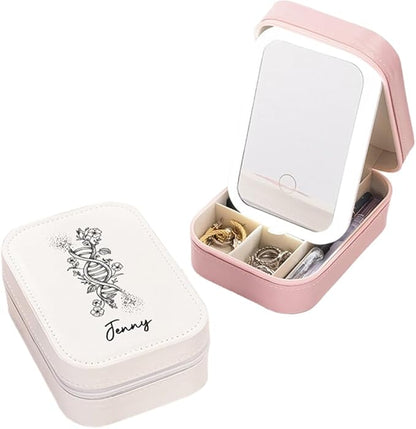 callie Personalized DNA BirthFlower Jewelry Box with Mirror & LED 3 Adjustable Light, Custom Name - Travel Makeup Organizer Box, Gift for Women Doctor Medical Staff
