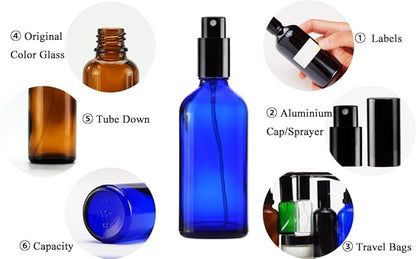 YIZHAO Blue Glass Spray Bottles 4oz, with Small Fine Mist Spray, Metal Cap, Refillable for Essential Oil,Travel,Cleaning,Perfume,Aromatherapy,Makeup – 4 Pcs