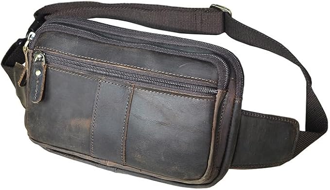 Compact Genuine Leather Waist Pack for Men Phone Fanny Pack Small Chest Messenger Bag with Adjustable Belt Gifts for Men (Coffee)