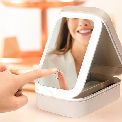 callie Personalized Birth Flower Jewelry Box with Mirror & LED 3 Adjustable Light, Custom Name - Travel Makeup Box Case, Birthday Christmas Gift for Women Girls