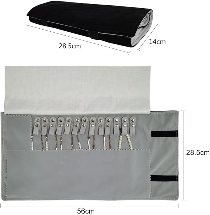 Velet Travel Jewelry Case Roll Bag Organizer for Necklace Bracelet Black Gray Velvet (Black Gray)