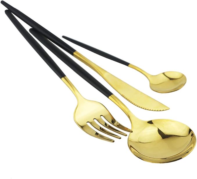 Black Gold Silverware Set, JASHII 30-Piece Stainless Steel Satin Finish Flatware Set, Kitchen Utensil Set, Mirror Polished Tableware Cutlery Set for Home and Restaurant, Dishwasher Safe