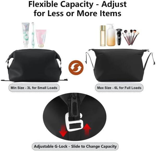 Vomgomfom 3L 6.5 Inch Silicone Toiletry Bag, Waterproof Leakproof Travel Cosmetic Organizer, Adjustable G-Buckle Compression Dopp Kit, Foldable Makeup Bag for Women & Men, Black