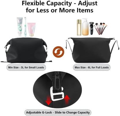 Vomgomfom 3L 6.5 Inch Silicone Toiletry Bag, Waterproof Leakproof Travel Cosmetic Organizer, Adjustable G-Buckle Compression Dopp Kit, Foldable Makeup Bag for Women & Men, Black
