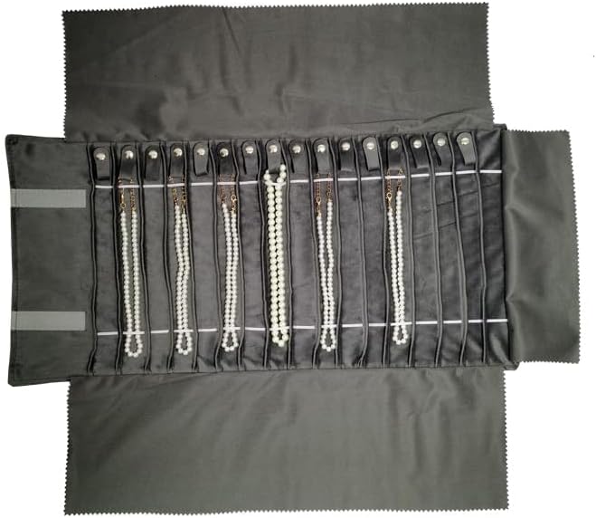 Portable Jewelry Roll Untangled Secure Necklace Travel Storage Bag Displays Holder 16 Chain (Pink PU and gray velvet)