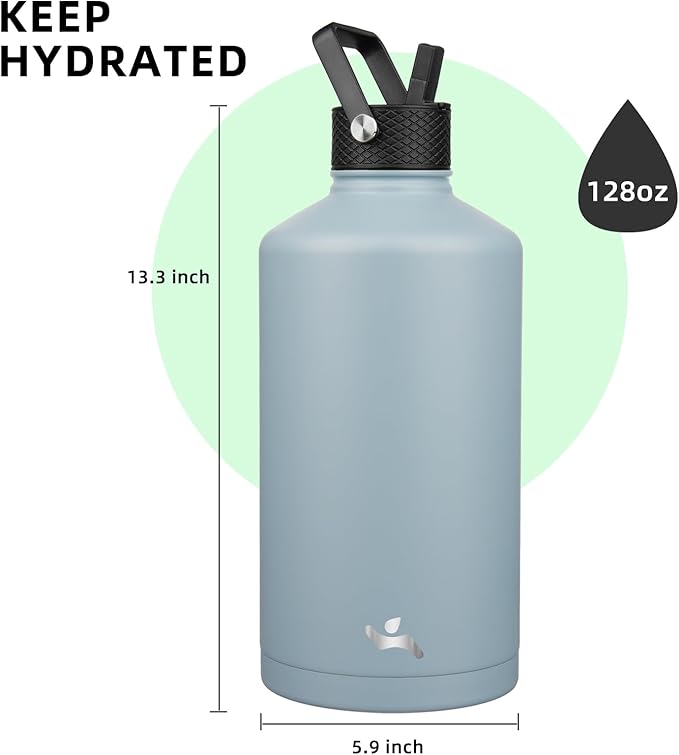 Gallon Insulated Water Bottle with Straw,128 oz 3 Lids Water Jug with Carrying Bag,Paracord Handle, Double Wall Vacuum Stainless Steel Metal Flask,Storm Blue