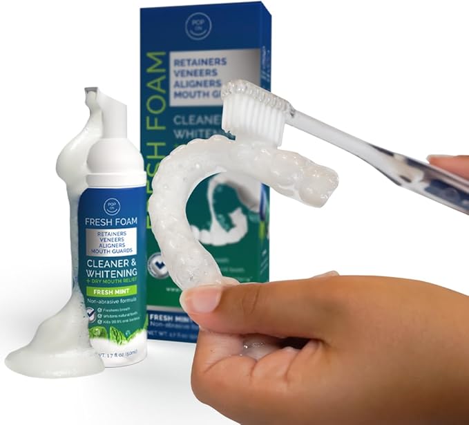 Retainer Cleaning Bundle by Pop On - 30 Retainer Cleaner Tablets, 1 Aligner Cleaner Fresh Foam, 1 Soft Bristle Toothbrush, 1 Mirror Case for Mouth Guards, Night Guards, Invisalign, Veneers, Dentures