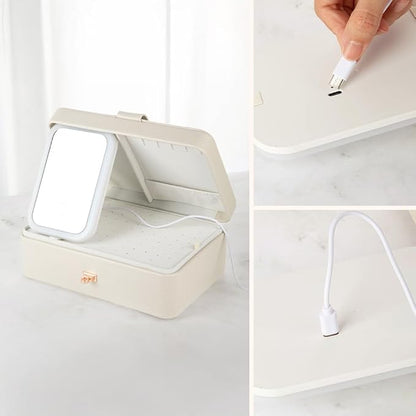 Custom 3-Layer Travel Jewelry Case Personalized Name Birth Flower Jewelry Organizer and Storage With 3 Colors LED Makeup Mirror Mother Jewelrys Box Gifts For Women Nana Size 9.25×6.3×3.54 INCH