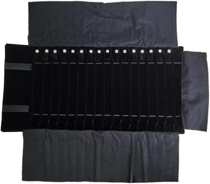 Portable Jewelry Roll Untangled Secure Necklace Travel Storage Bag Displays Holder 16 Chain (Gray PU and Black Velvet)