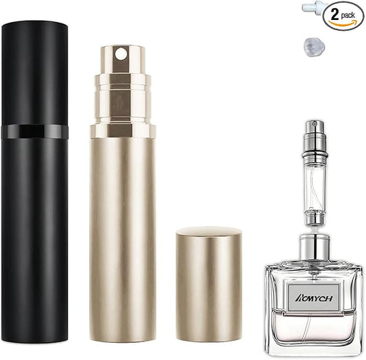 2PCS Perfume Travel Refillable Bottle, Bottom-Filling Fragrances Perfume Atomizer, Empty Mini Cologne Dispenser, Portable Sprayer Pocket Size for On the Go 5ml (Black & Champagne Gold)