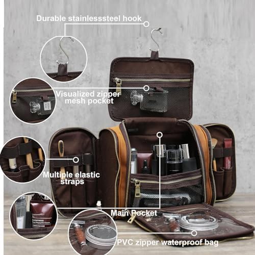 EURYNOME Toiletry Bag For Men, Genuine Leather Toiletries Organizer, Travel Hanging Toiletry Bag Large Water-resistant Bathroom Shaving Kit for Cosmetics, Makeup Case Travel Dopp Kit