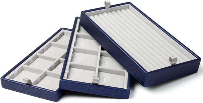 Oirlv Blue Leather Jewelry Box Handmade Travel Jewelry Organizer Storage Case Holder For Girl Lady Earring,Ring,Necklace,Pendant,Watch,Bracelet.(3 layers)