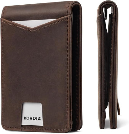 KORDIZ RFID Blocking Slim Bifold Wallet for Men – Premium Full-Grain Crazy Horse Leather Front Pocket Wallet with Money Clip, ID Window & Minimalist Design – Rustic Brown