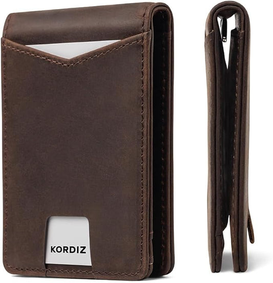 KORDIZ RFID Blocking Slim Bifold Wallet for Men – Premium Full-Grain Crazy Horse Leather Front Pocket Wallet with Money Clip, ID Window & Minimalist Design – Rustic Brown