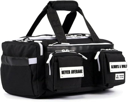 WOLFpak 20L Mini Duffle Bag for Gym & Travel | Waterproof Carry-On Weekender Bag with Shoe Compartment, Hard Bottom, and Tactical Molle System (Black with White Accents)