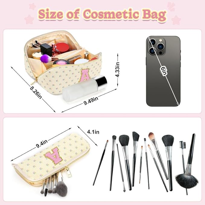Personalized Travel Makeup Bag Set,Initial Travel Cute Floral Makeup Organizer Bag,Toiletry Skincare Cosmetic Bag,Christmas Gifts for Women/Girls,Open Flat Toiletry Pouch with Brush Pocket-B