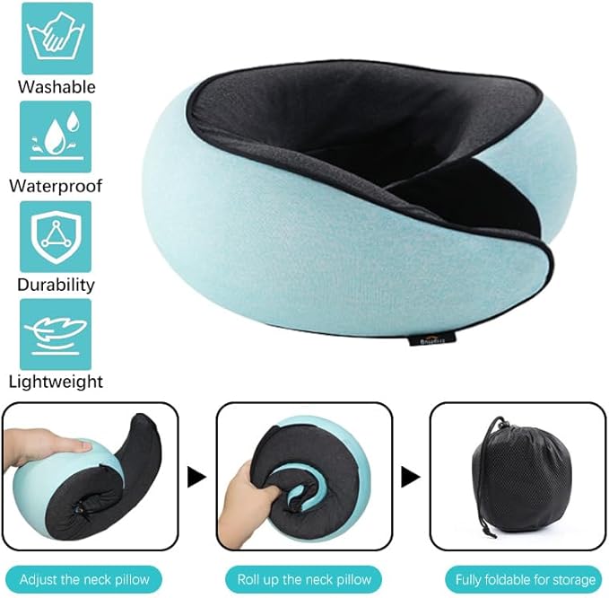 Travel Neck Pillow | Memory Foam Neck Pillow, New Portable U-Shaped Pillow with Neck Support, Washable Cover, Compact for Plane, Office, Bus, Train, Sofa, Nap–Includes Storage Bag - Cyan