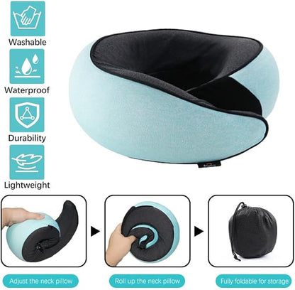 Travel Neck Pillow | Memory Foam Neck Pillow, New Portable U-Shaped Pillow with Neck Support, Washable Cover, Compact for Plane, Office, Bus, Train, Sofa, Nap–Includes Storage Bag - Cyan