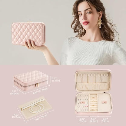 Lolalet Travel Jewelry Case for Women Girls, Travel Jewelry Organizer Box with Mirror & Clear Storage Bag, Small Portable Earring Necklace Bracelet Ring Case, Birthday Christmas Gifts -Medium, Pink