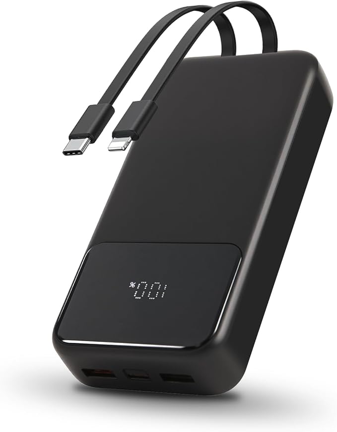 Portable Charger 20000Mah with 2 Built-in Cable,22.5W Power Bank Fast Charging,Travel Essentials Battery Pack,Digital Display Compatible with iPhone 16 15 14 13 Samsung Android Phone Etc