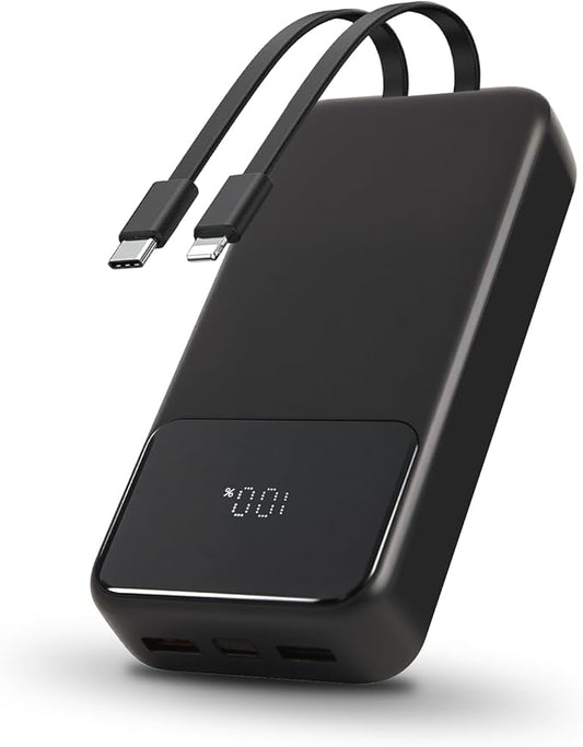 Portable Charger 20000Mah with 2 Built-in Cable,22.5W Power Bank Fast Charging,Travel Essentials Battery Pack,Digital Display Compatible with iPhone 16 15 14 13 Samsung Android Phone Etc