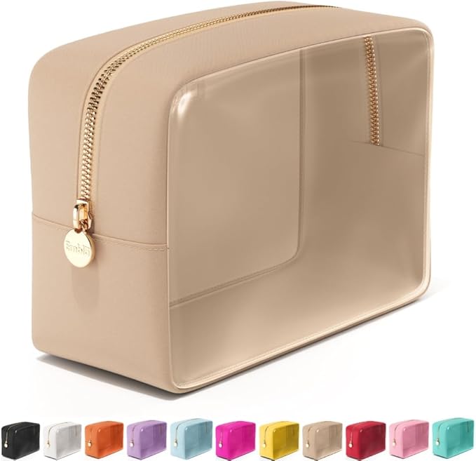 Embla Clear Cosmetic Bag Makeup Case, Clear Zipper Make Up Pouch and Toiletry Travel Tote, Cute Skincare Pouches for Women Girls, Preppy Purse Cosmetic Organizer, Large Makeup Bags, Sand