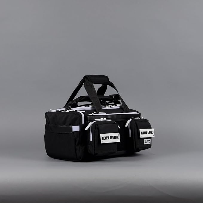 WOLFpak 20L Mini Duffle Bag for Gym & Travel | Waterproof Carry-On Weekender Bag with Shoe Compartment, Hard Bottom, and Tactical Molle System (Black with White Accents)