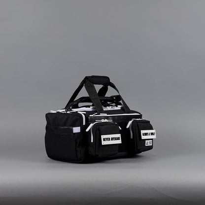 WOLFpak 20L Mini Duffle Bag for Gym & Travel | Waterproof Carry-On Weekender Bag with Shoe Compartment, Hard Bottom, and Tactical Molle System (Black with White Accents)