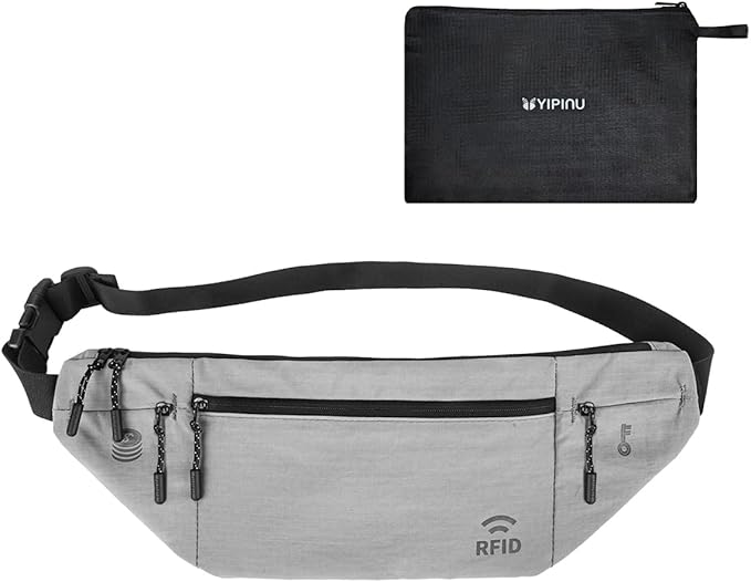 Travel Money Belt for Men and Women hidden slim passport holder - travel wallet with RFID blocking under clothes to protect Cash, Credit Cards and Documents (GRAY)