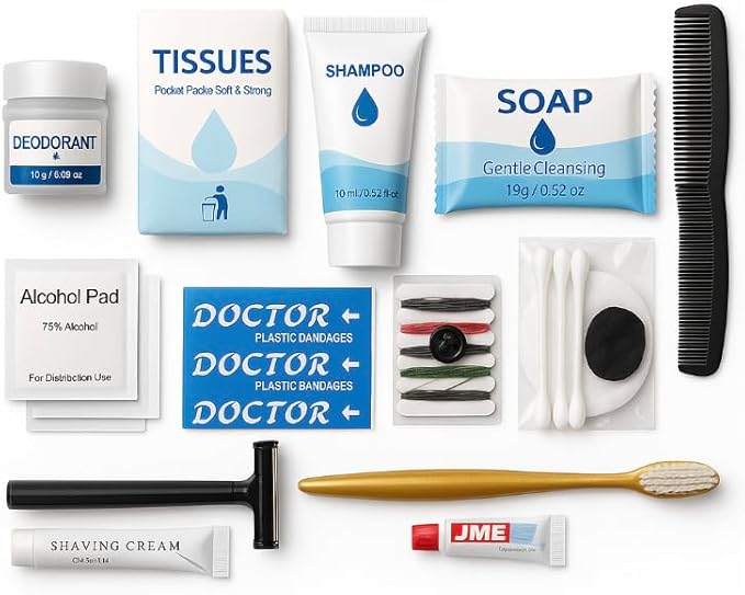 Bulk 50 Deluxe Hygiene Care Packages – 23-Piece Unisex Toiletry Bags with Individually Wrapped Travel-Size Essentials in Waterproof Pouch for Homeless Outreach, Shelters, and Charity Donations
