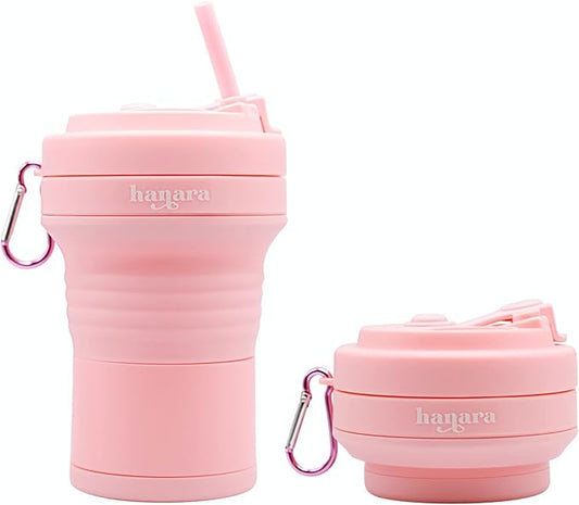 HANARA Collapsible Cup with Reusable Straw – 18 Oz (550 Ml), Portable Travel Mug, BPA-Free, Leak-Proof, Microwave & Dishwasher Safe, Multi-Purpose for Hot & Cold Drinks – Pink