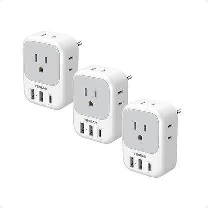 TESSAN European Travel Plug Adapter USB C 3 Pack, US to Europe Plug Adaptor with 4 AC Outlets 3 USB Charging Ports, Type C Power Adapter for USA to EU Euro Spain France Iceland Italy Germany Greece