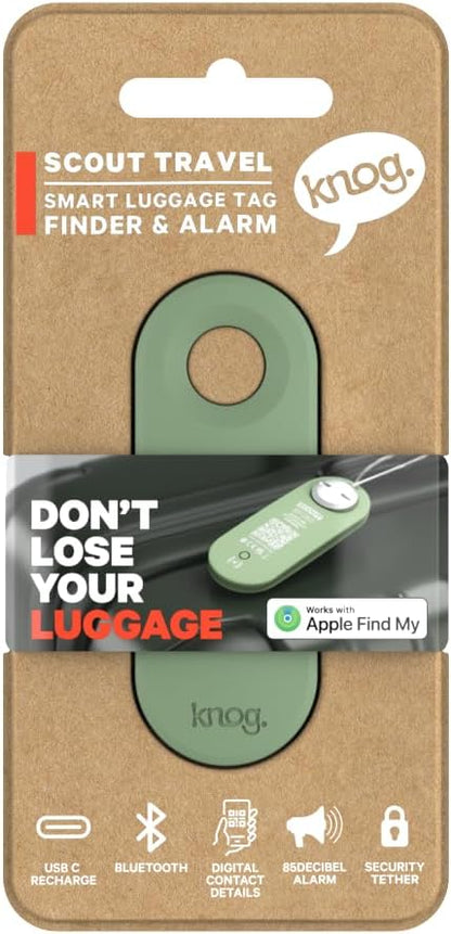 Knog Scout iOS Smart Tag, Tracker & 85d Alarm – Rechargeable Luggage Tag Compatible with iOS App & Apple Find My, Digital Contact Info, Remote Chime, Low Battery Alerts, Water-Resistant, Green