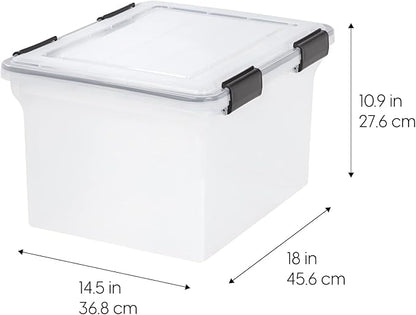 IRIS USA File Box WeatherPro File Organizer Plastic File Box for Letter/Legal File, Water Resistant Document Box, Durable Lid, Seal w/Secure Latching Buckles, Stackable, Nestable, Clear 32 Qt. 4Pack