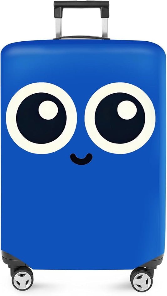 ANNA QUEEN Cute Smiley Face Luggage Cover, Blue Cartoon Suitcase Protector with Big Eyes Design, Stretchable, Washable Travel Cover for 24-26 Inch Luggage