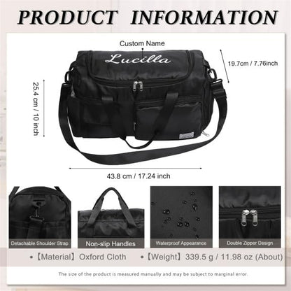 Personalized Duffel Bag Custom Sport Gym Travel Bags Embroidered Name Text Customized Dry Wet Separated Weekend Waterproof Bag for Women Men (B-Black)