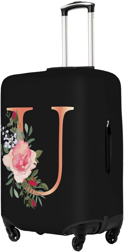 Floral Letter U Travel Luggage Cover Spandex Suitcase Protector Elastic Washable Stretch Suitcase Cover,Size L(Fit 25-28inch Suitcase)