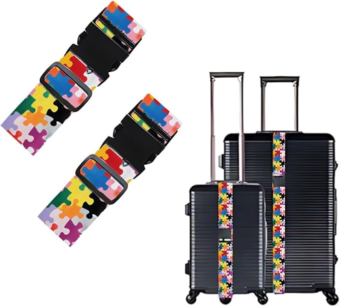 2PC,Puzzle Pattern Luggage Strap 1.97 x 70.84 inch Colorful Piece Design Adjustable Suitcase Belt Durable Nylon Baggage Identifier Creative Travel Accessory for Family Trips