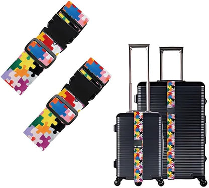 2PC,Puzzle Pattern Luggage Strap 1.97 x 70.84 inch Colorful Piece Design Adjustable Suitcase Belt Durable Nylon Baggage Identifier Creative Travel Accessory for Family Trips