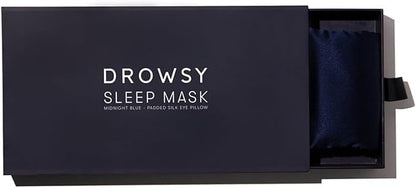 DROWSY Silk Sleep Mask Set - Face-Hugging, Padded Silk Cocoon for Luxury Sleep in Total Darkness - Eye Masks for Sleeping & Travel, 100% Pure Mulberry Silk, Adjustable - Midnight Blue (Set of 2)